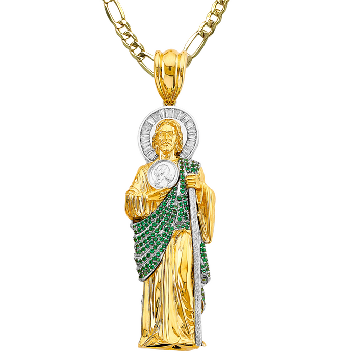 14k San Judas Gold XLarge 3D Full Body Gemstone Pendant with Solid Chain - LE-3169