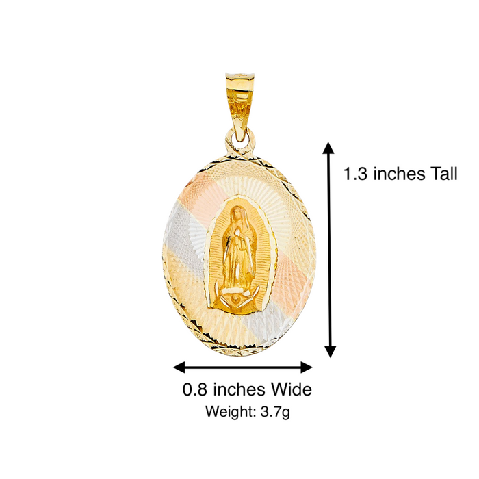 14k Virgin Mary TriColor Gold Oval Pendant with Solid Figaro Chain - LE-321