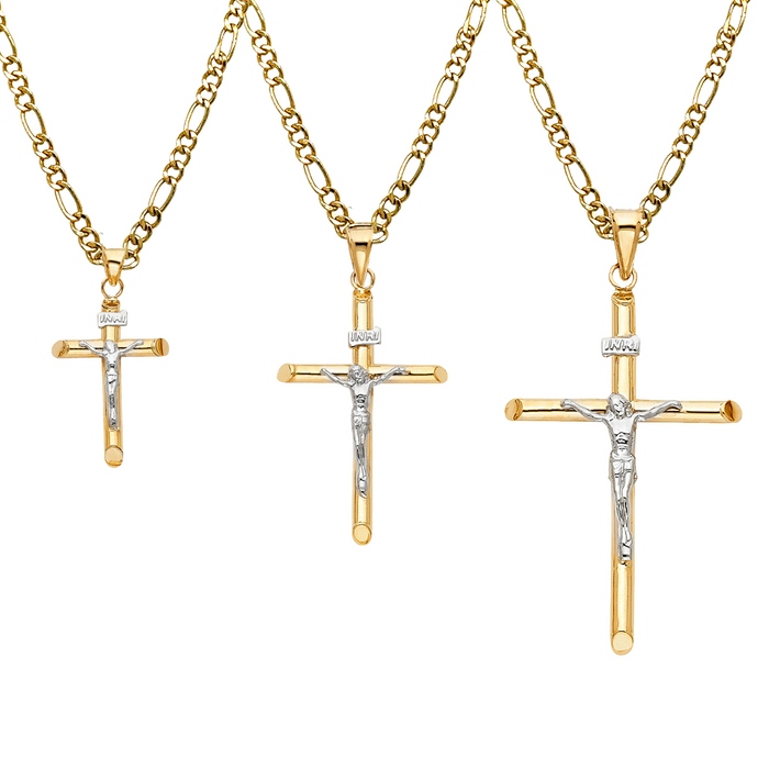 14k Gold Two Tone Jesus Cross Pendant with Solid Chain - LE-0004