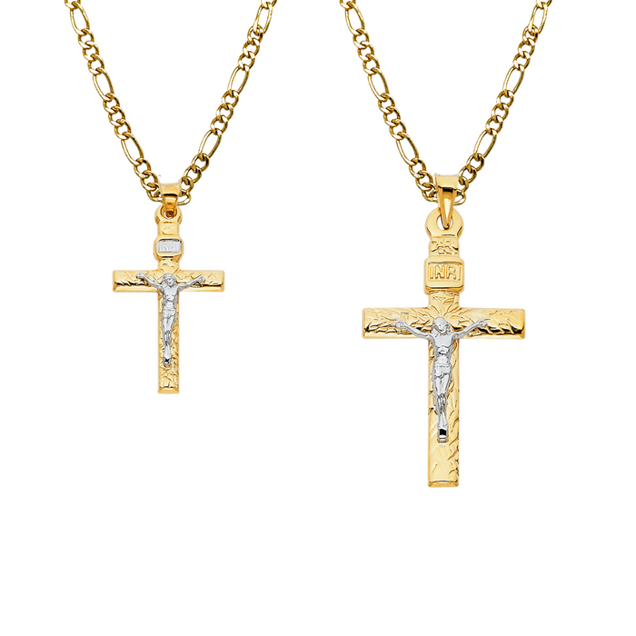 14k Gold Two Tone Jesus Cross Pendant with Solid Chain - LE-0012