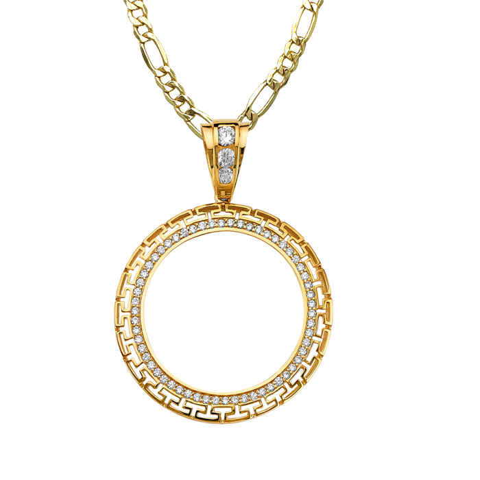 14k Gold Centenario Greek Design Gemstone Bezel with Solid Figaro Chain - LE-2753