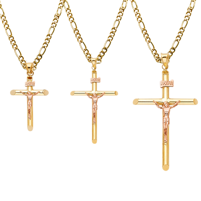 14k Rose Gold Jesus Cross Pendant with Solid Chain - LE-0849