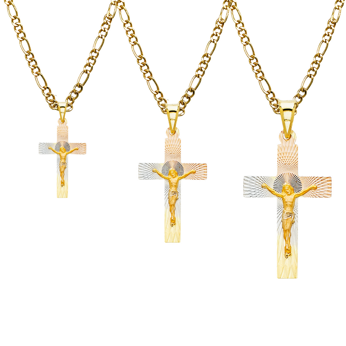 14k TriColor Gold Jesus Cross Pendant with Solid Chain - LE-0350