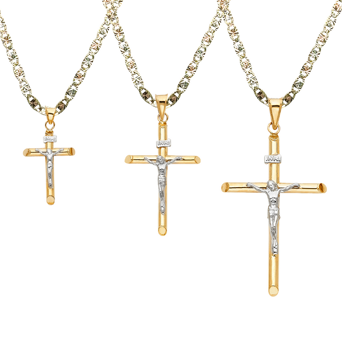 14k Gold Two Tone Jesus Cross Pendant with Solid Chain - LE-0004