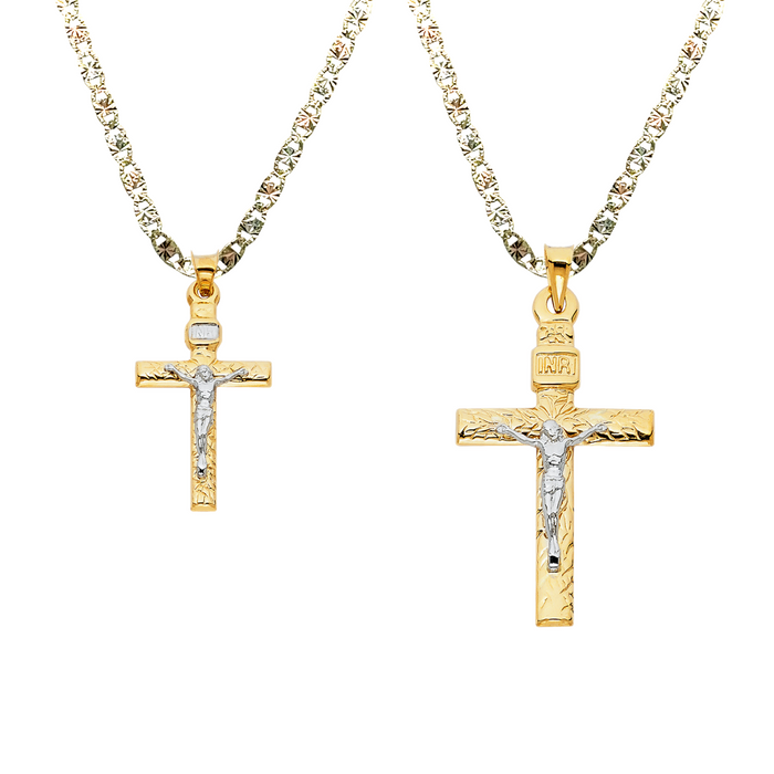 14k Gold Two Tone Jesus Cross Pendant with Solid Chain - LE-0012