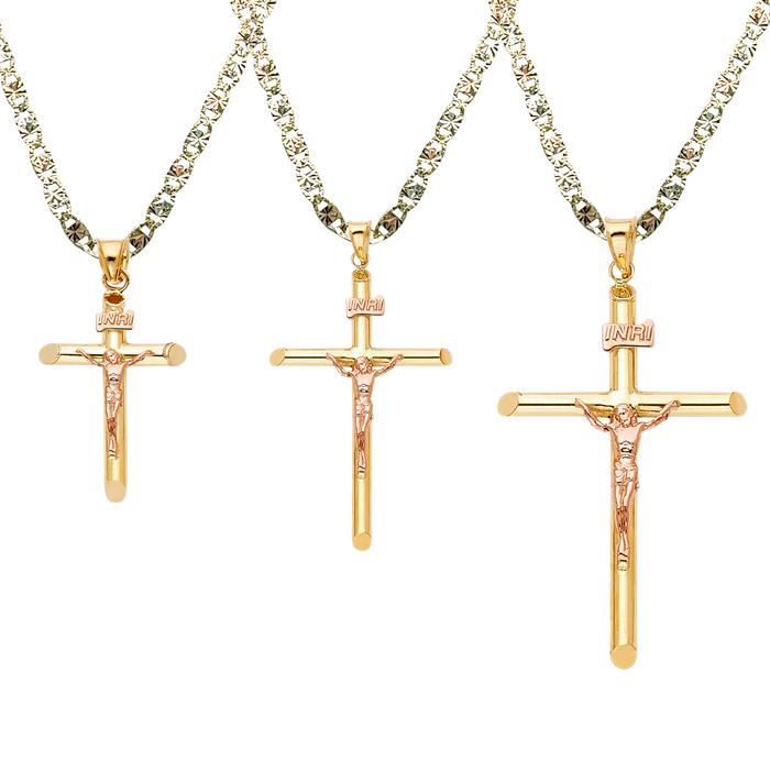 14k Rose Gold Jesus Cross Pendant with Solid Chain - LE-0849