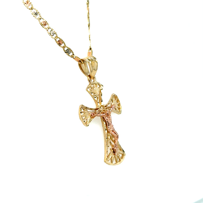 14k Rose Gold Jesus Cross Pendant with Solid Chain - LE-2709