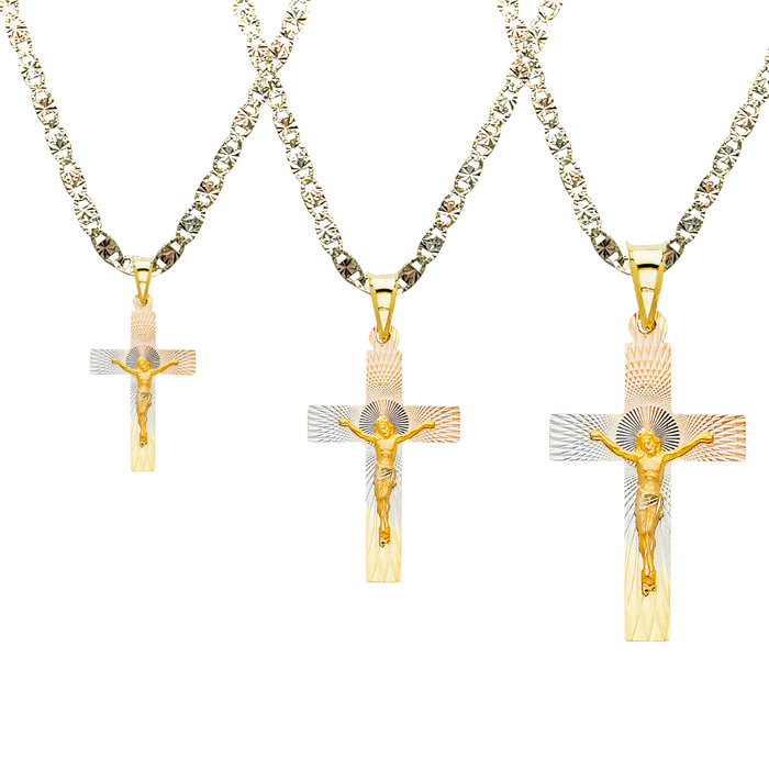 14k TriColor Gold Jesus Cross Pendant with Solid Chain - LE-0350