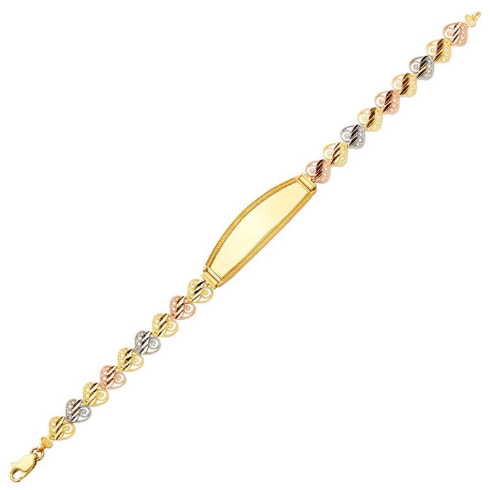 14k Yellow Gold Quinceañera Tri Color Filigrano Heart Link ID Bracelet with Gold Name Overlay