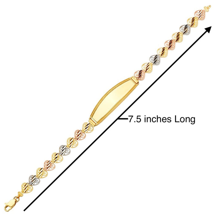 14k Yellow Gold Quinceañera Tri Color Filigrano Heart Link ID Bracelet with Gold Name Overlay