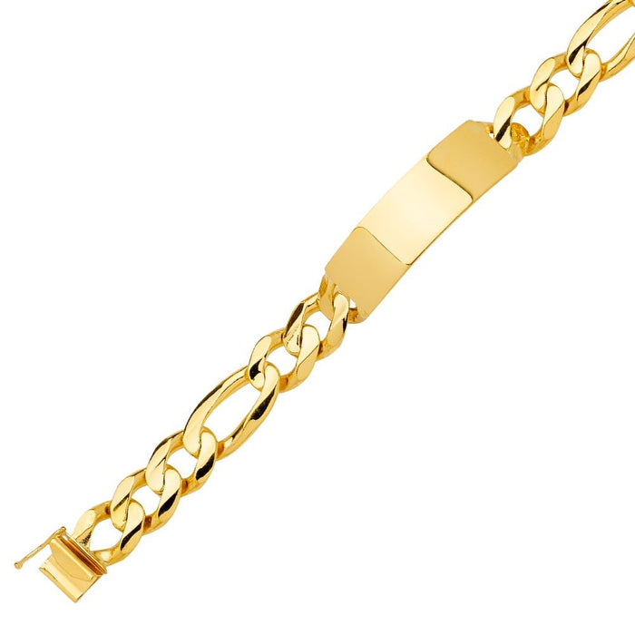 14k Gold Mens Thick Solid Figaro Link ID Bracelet with Gold Name Overlay 61 Grams