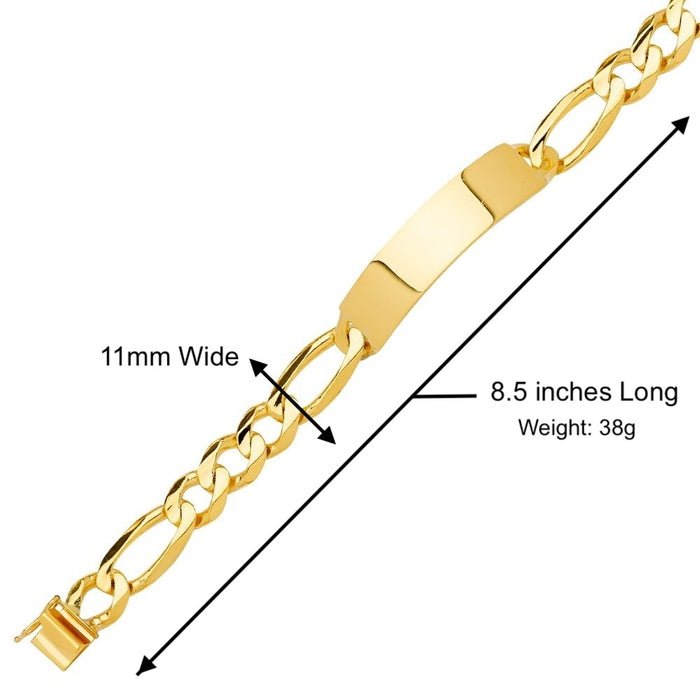 14k Gold Men's 11mm Solid Figaro Link ID Bracelet with Custom Gold Name Plate - LE-0743