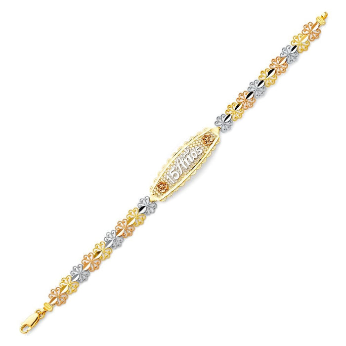 14k Gold Quinceañera TriColor 15 Años Flower Bracelet - LE-151