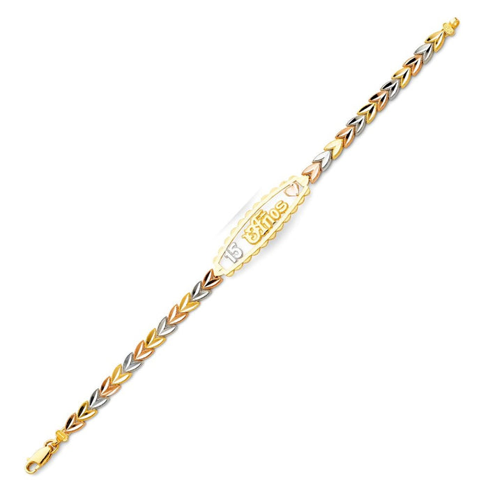 14k Gold Quinceañera 15 Años TriColor Heart Bracelet - LE-152