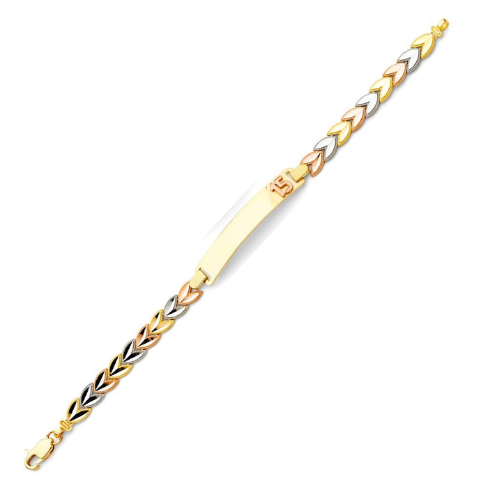 14k Yellow Gold Quinceañera Tri Color Heart Link ID Bracelet with Gold Name Overlay 8 grams