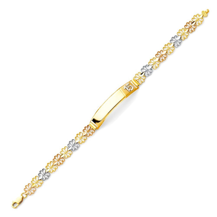 14k Gold Quinceañera Tri Color Flower Link ID Bracelet with Gold Name Overlay 8 grams