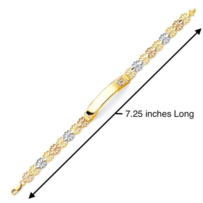 14k Gold Quinceañera Tri Color Flower Link ID Bracelet with Gold Name Overlay 8 grams