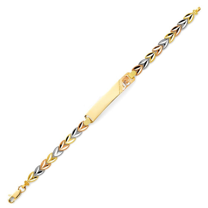 14k Yellow Gold Women's Rose Flower ID Bracelet with Gold Name Overlay and TriGold Heart Links