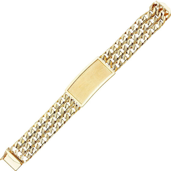 14k Gold Mens Three Row Nugget 22mm Cuban Link ID Bracelet with Gold Name Overlay