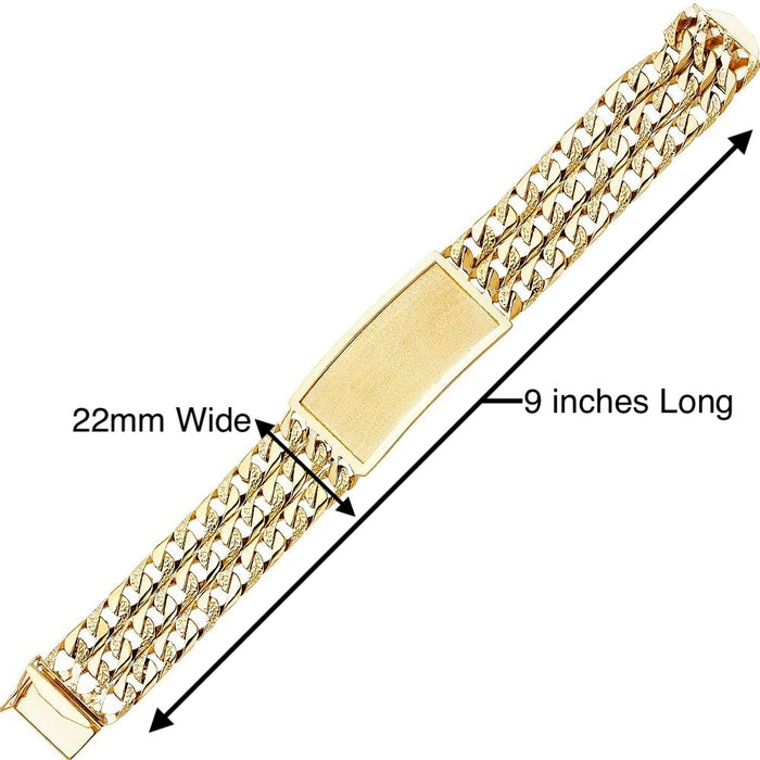 14k Gold Mens Three Row Nugget 22mm Cuban Link ID Bracelet with Gold Name Overlay