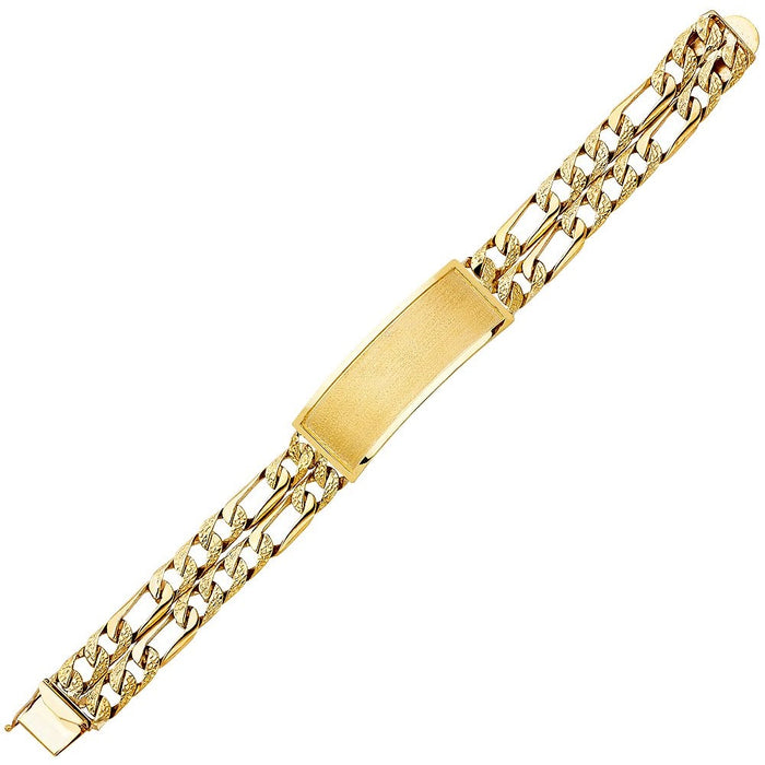 14k Gold Mens Two Row Wide Nugget Figaro Link ID Bracelet with Gold Name Overlay