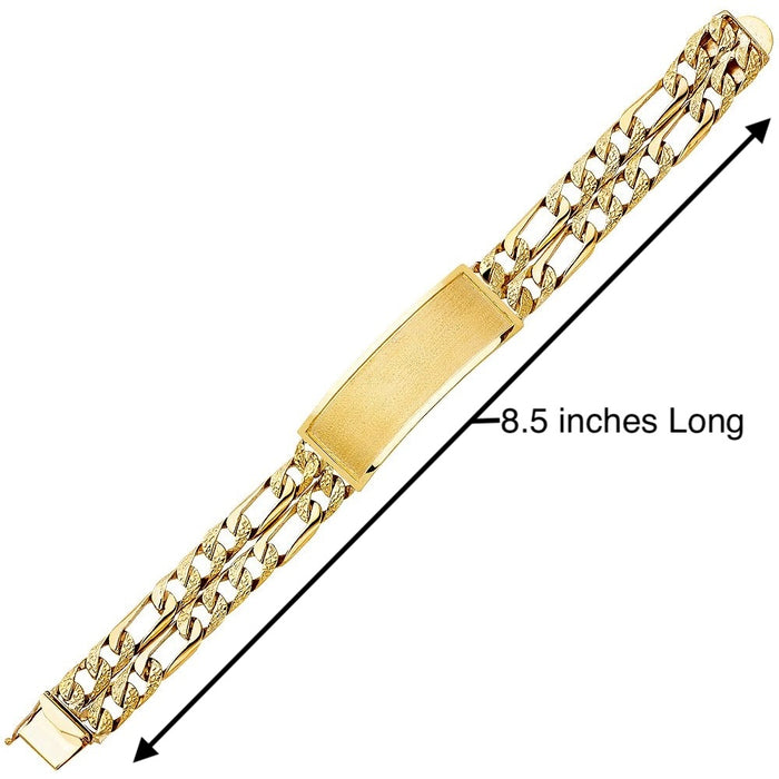 14k Gold Mens Two Row Wide Nugget Figaro Link ID Bracelet with Gold Name Overlay