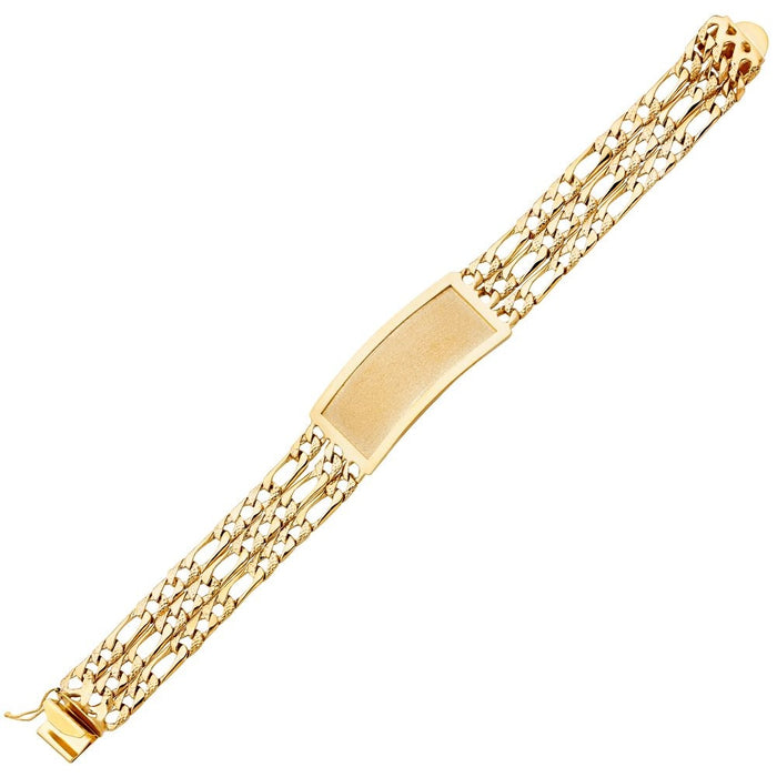 14k Gold Mens Three Row Nugget 17mm Figaro Link ID Bracelet with Gold Name Overlay