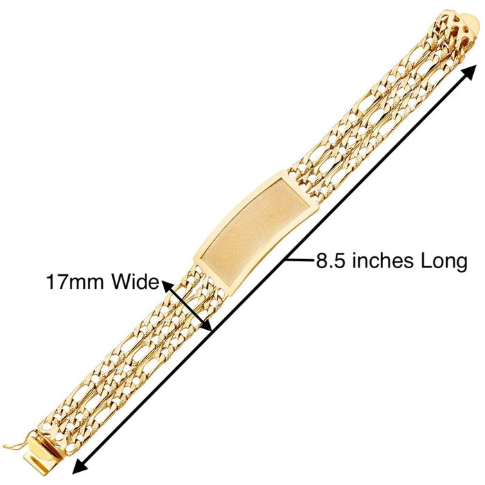 14k Gold Mens Three Row Nugget 17mm Figaro Link ID Bracelet with Gold Name Overlay