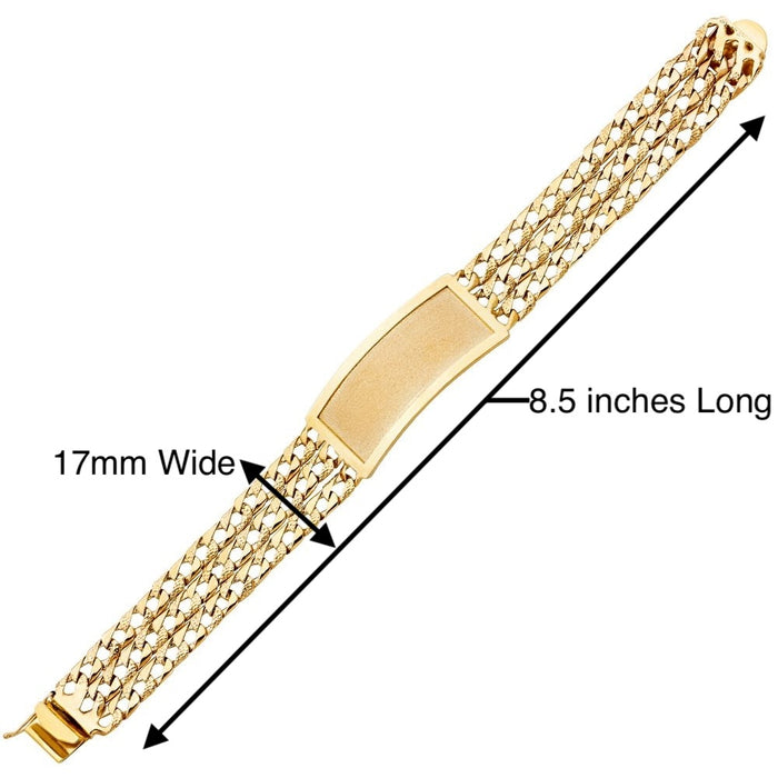 14k Gold Mens Three Row Nugget 17mm Cuban Link ID Bracelet with Gold Name Overlay