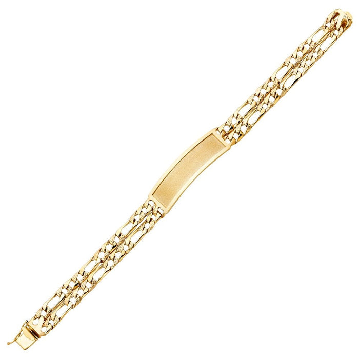 14k Gold Mens Two Row Nugget Figaro Link ID Bracelet with Gold Name Overlay