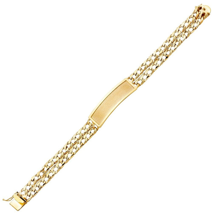 14k Gold Mens Two Row Nugget Cuban Link ID Bracelet with Gold Name Overlay