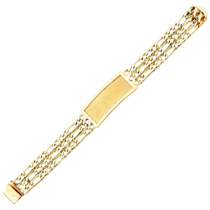 14k Gold Mens Three Row Figaro 16mm Link ID Bracelet with Gold Name Overlay