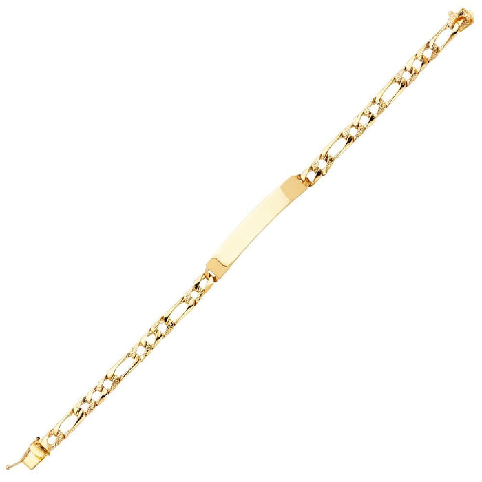 14k Gold Mens Light Solid Figaro Link ID Bracelet with Gold Name Overlay