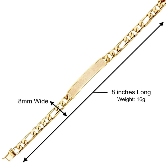 14k Gold Men's 8mm Solid Figaro Link ID Bracelet with Custom Gold Name Plate - LE-0441