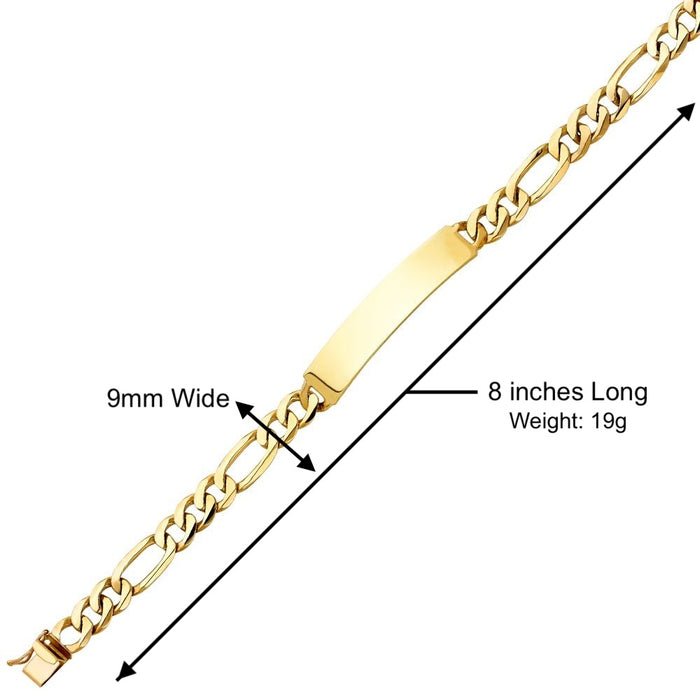 14k Gold Men's 9mm Solid Figaro Link ID Bracelet with Custom Gold Name Plate - LE-0444