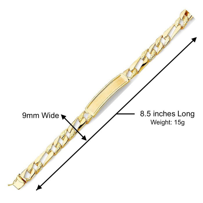 14k Gold Men's 9mm Stamped Nugget Figaro Link ID Bracelet with Custom Gold Name Plate - 0481