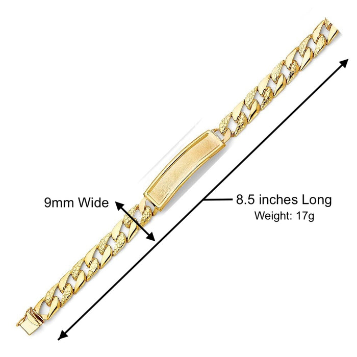 14k Gold Men's 9mm Stamped Nugget Cuban Link ID Bracelet with Custom Gold Name Plate - LE-0482