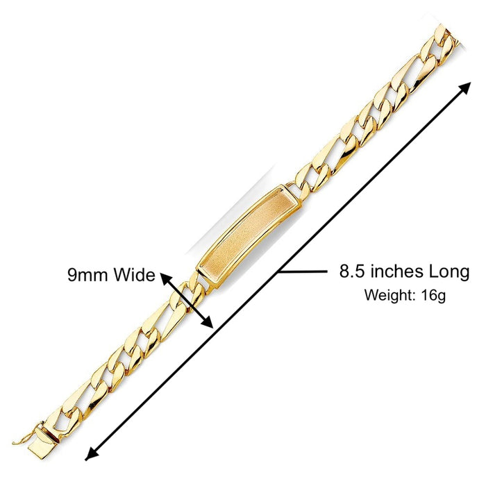 14k Gold Men's 9mm Stamped Figaro Link ID Bracelet with Custom Gold Name Plate - LE-0483