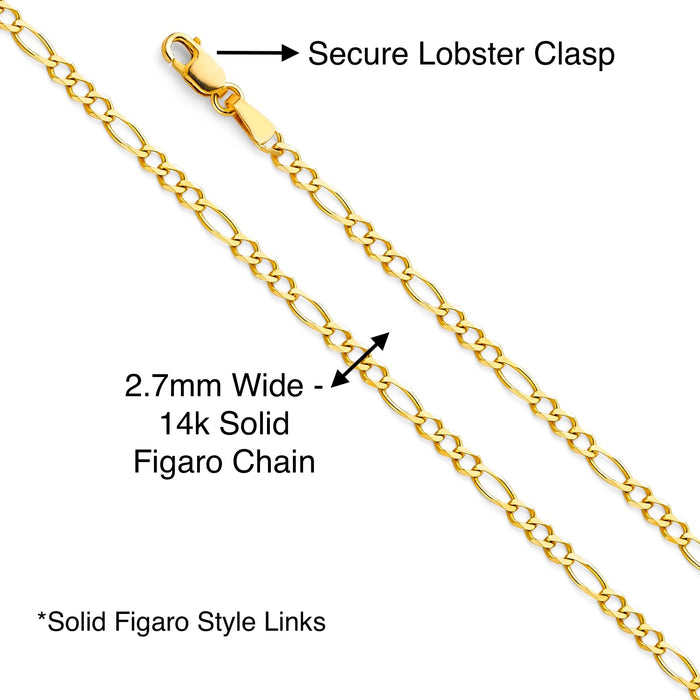 14k TriTone Gold Cross with Solid Figaro Chain - LE-0956