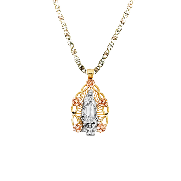 14k Virgin Mary Pendant with TriColor Flowers and Solid Chain - LE-PT1111