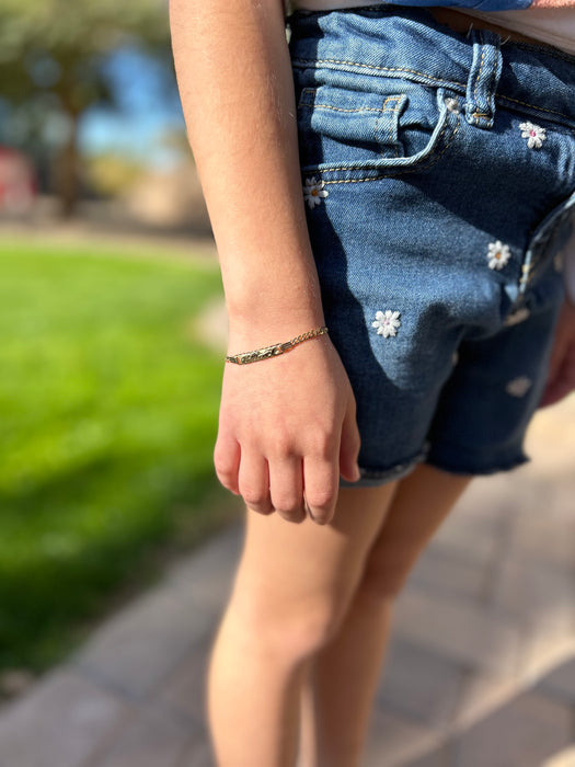 14k Kids Thin Cuban Pavé Link Gold ID Bracelet with Gold Name Overlay