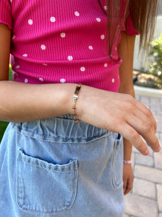 14k Kids Gold ID Bracelet with Lady Bug Links and Gold Name Overlay