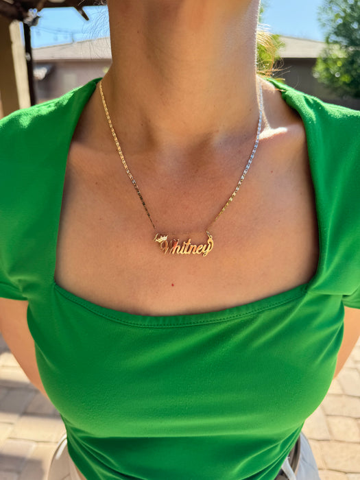 14k Cursive Letter Gold Name with Diamond Cut Crown and Solid Valentino Necklace