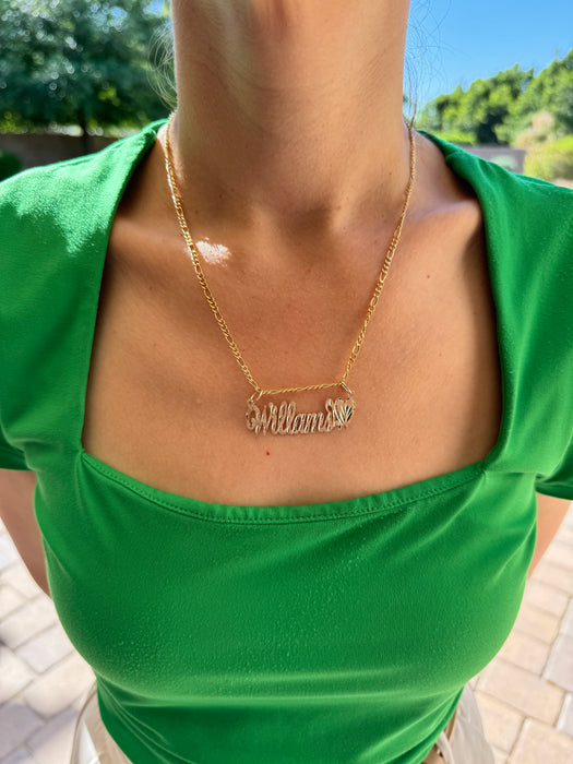 14k Cursive Gold Name with Matte Diamond Cut Finish and Solid Figaro Necklace