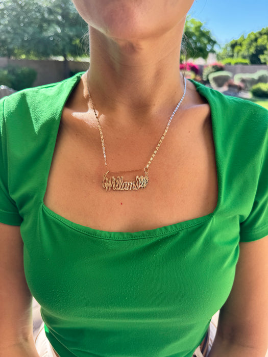 14k Cursive Gold Name with Matte Diamond Cut Finish and Solid Valentino Necklace