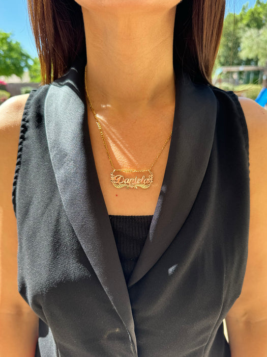 14k Cursive Gold Name with Rose Gold Hearts and Solid Figaro Necklace