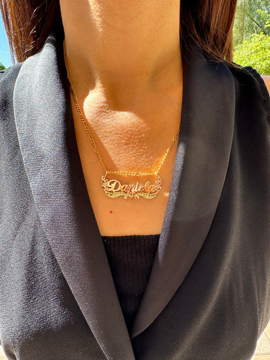 14k Cursive Gold Name with Rose Gold Hearts and Solid Figaro Necklace