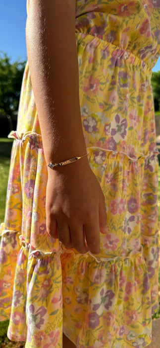 14k Gold Baby ID Bracelet with Gold Name Overlay and Enamel Four Leaf Clover