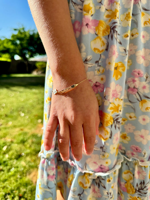 14k Gold Baby ID Bracelet with Gold Name Overlay and Enamel Four Leaf Clover