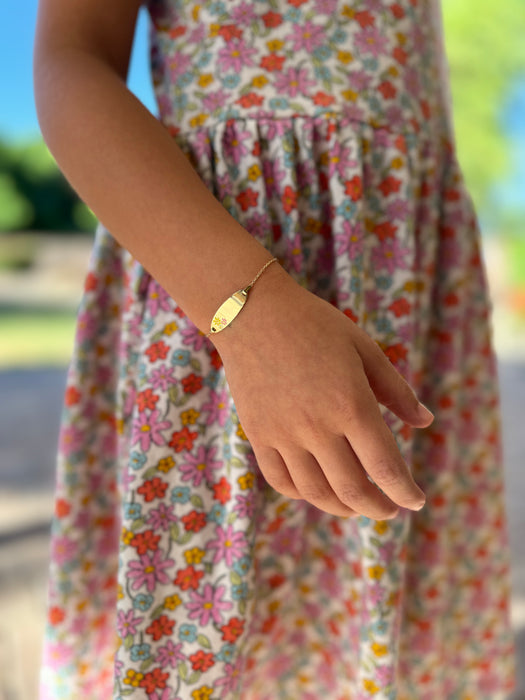 14k Gold Baby ID Bracelet with Gold Name Overlay and Enamel Colored Flowers